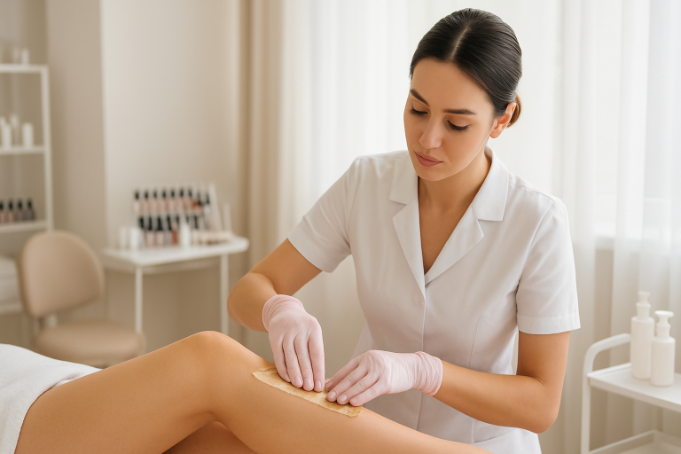 A woman receiving a Brazilian waxing treatment in a salon setting with beauty products in the background