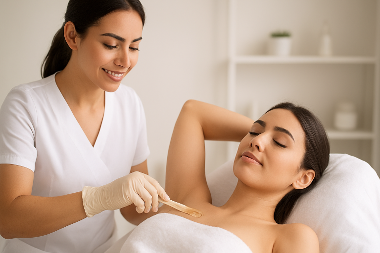 A woman receiving hair waxing services in a salon setting in Batam, showcasing a clean and welcoming environment.