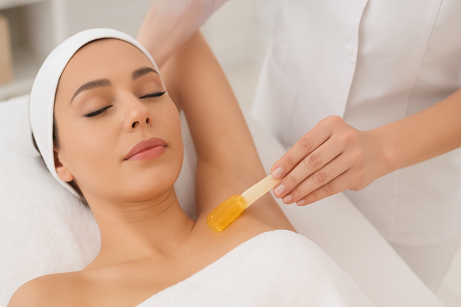 Woman receiving hair waxing service in a salon setting with beauty products in the background