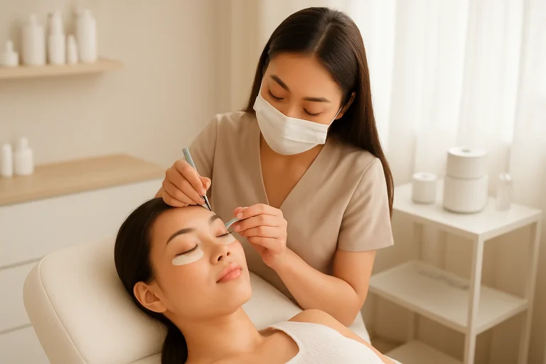A stylish salon showcasing beautiful eyelash extensions with a modern aesthetic in Batam.
