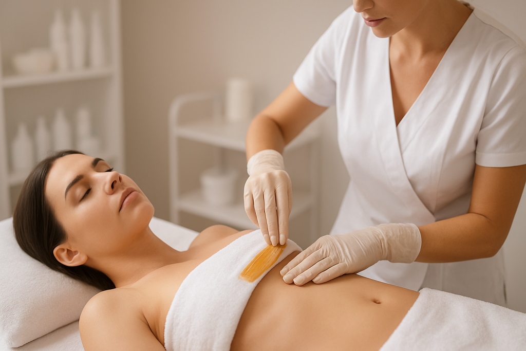 Woman receiving a Brazilian waxing service in a modern salon setting