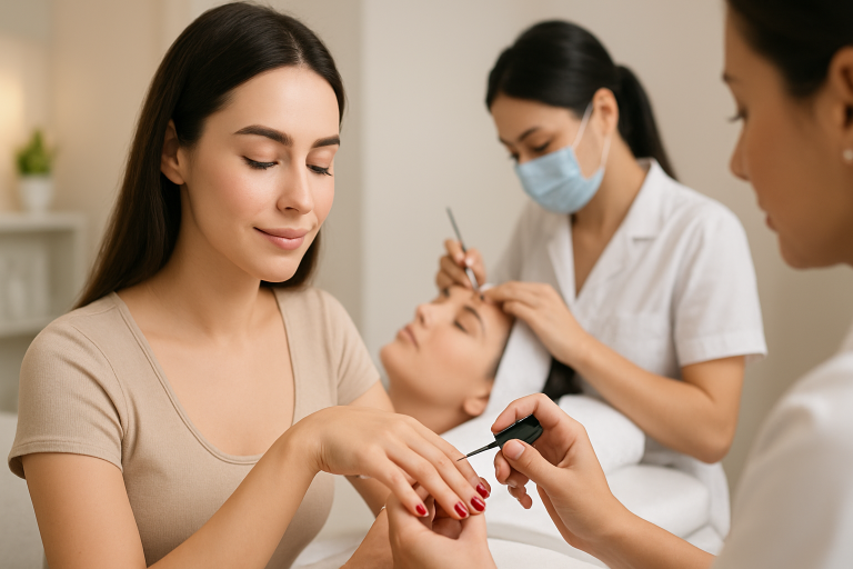 A woman examining nail salon options, surrounded by nail polish and beauty products, representing tips for choosing a salon