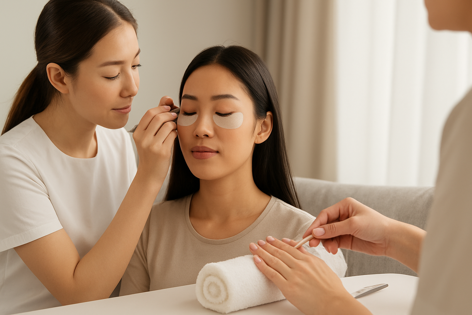 Woman receiving at-home waxing and nail care services in a cozy living room setting