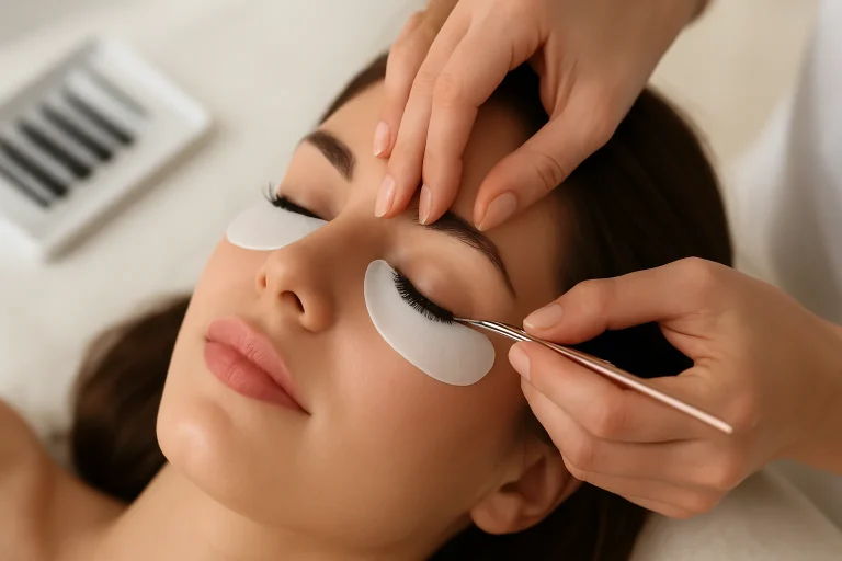 A guide cover featuring eyelash extensions with tips for aftercare, highlighting beauty and self-care services.