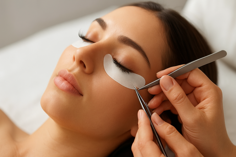 A guide cover featuring eyelash extensions with styles, care tips, and cost information for beauty services.