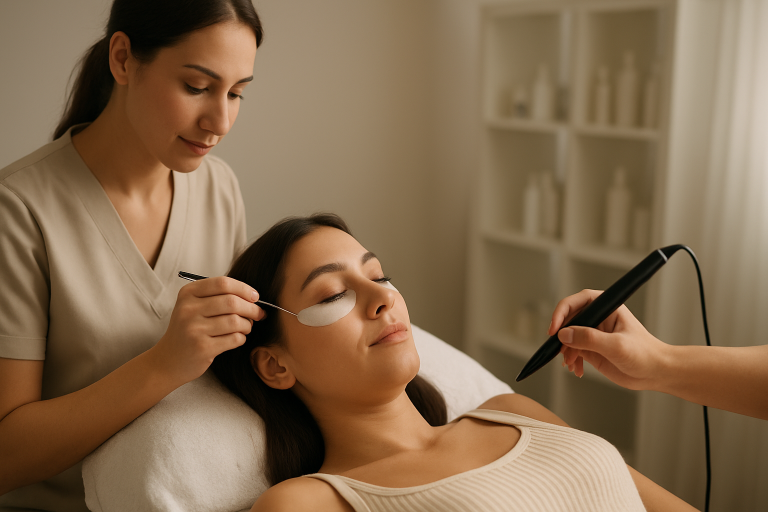 Woman receiving mobile beauty services for eyelash extensions, hair waxing, and nail care in a cozy setting.