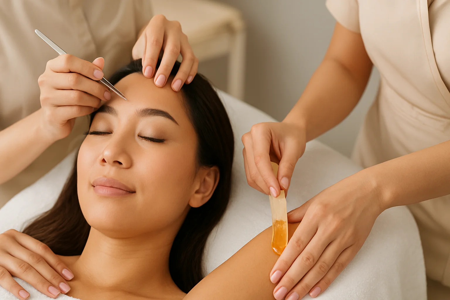 Promotional image for Beauty Trip Batam highlighting eyelash extensions, hair waxing, and nail salon services for women