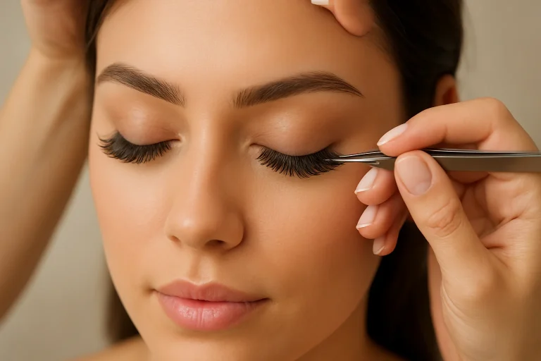 Three styles of eyelash extensions: Fox, Whispy, and Hybrid, displayed on a soft background with beauty tools.