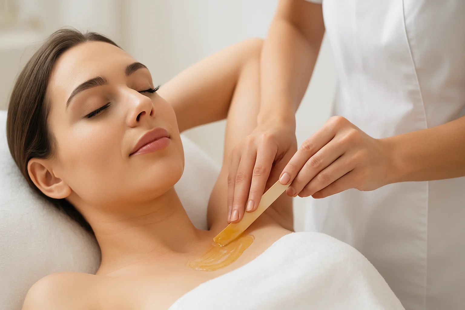 Woman receiving waxing service at a beauty salon, showcasing various waxing options and products available.