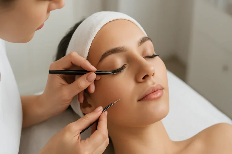 Woman with glamorous eyelash extensions showcasing beauty and confidence in a salon setting
