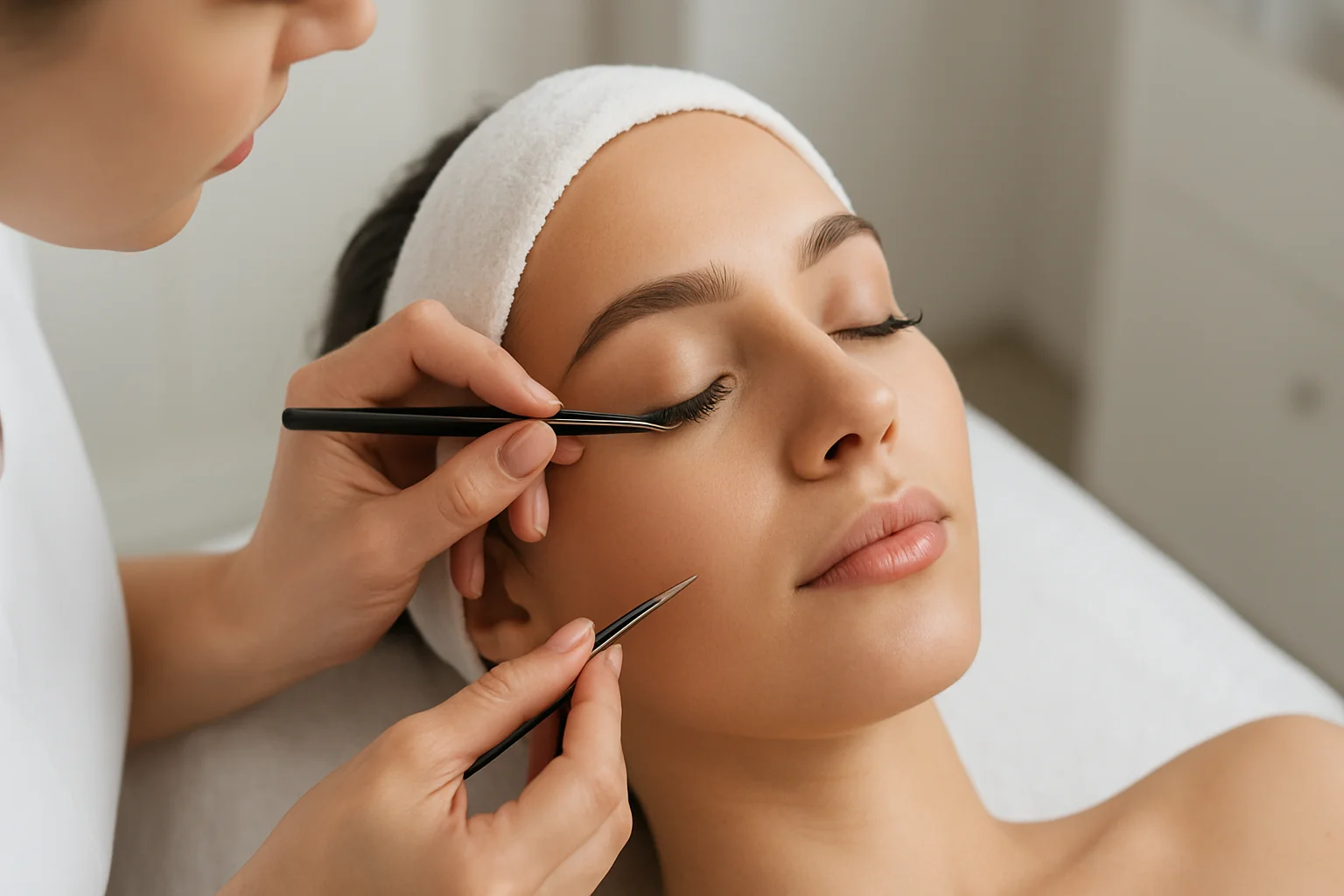 Woman with glamorous eyelash extensions showcasing beauty and confidence in a salon setting
