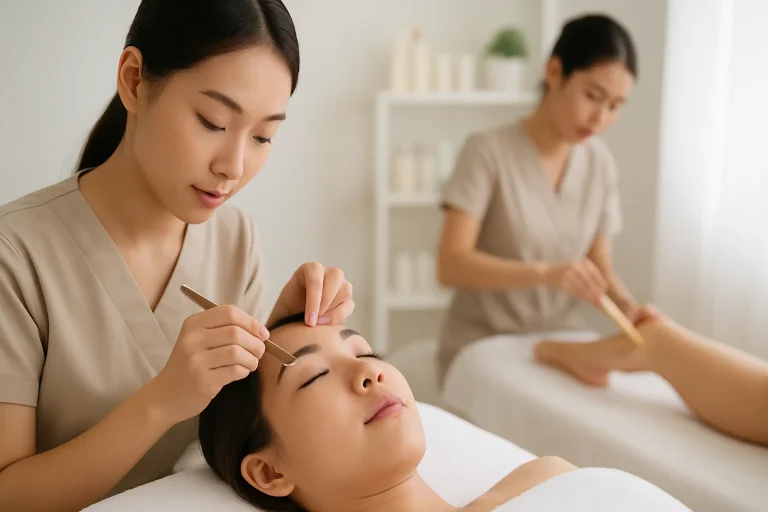 A serene beauty salon in Batam offering eyelash extensions, hair waxing, and nail services for women.