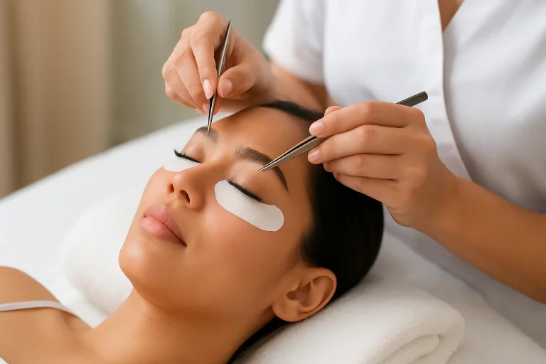 Eyelash extension service in Batam, promoting affordable beauty treatments for women, including waxing and nail care.