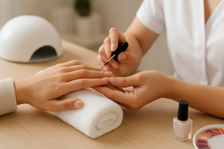 A woman receiving a manicure in a modern nail salon with vibrant decor and professional staff.