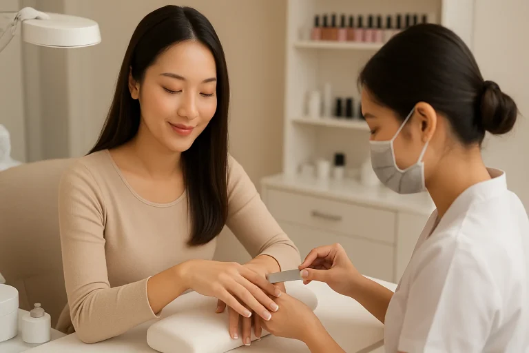 A woman receiving a manicure at a nail salon with various nail polish colors displayed.