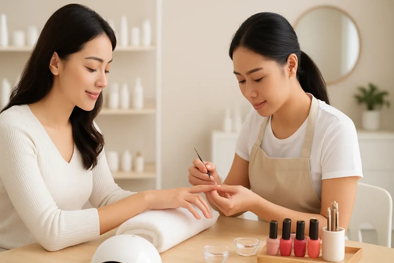 Comparison of services and prices for eyelash extensions, hair waxing, and nail salon at Salon Kuku Batam