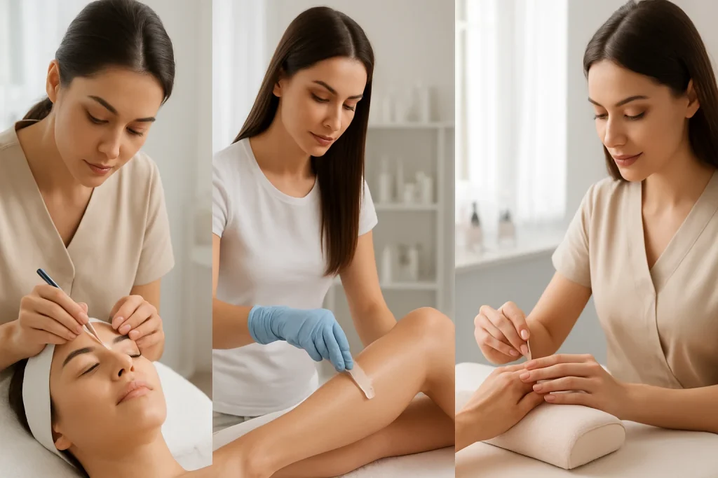 Elegant salon interior showcasing beauty services like eyelash extensions, hair waxing, and nail care for women