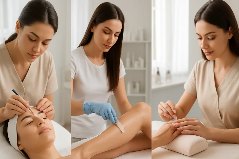 Elegant salon interior showcasing beauty services like eyelash extensions, hair waxing, and nail care for women