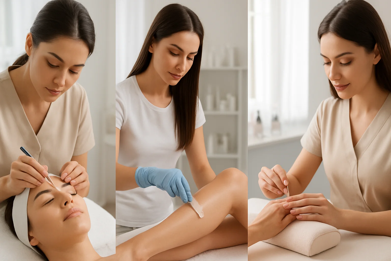 Elegant salon interior showcasing beauty services like eyelash extensions, hair waxing, and nail care for women