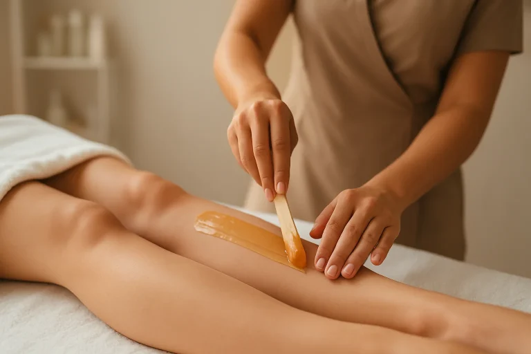Woman receiving a waxing service in a beauty salon, with tips for a better waxing experience displayed nearby